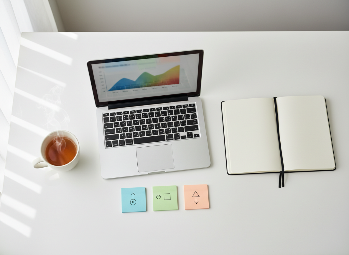 An overhead view of a clean, white desk featuring a silver laptop displaying a blurred, colorful graph, a charcoal-gray notebook opened to a blank page, and three color-coded sticky notes arranged in a neat line, labeled with small arrows and symbols. A matte ceramic cup of herbal tea emits a faint wisp of steam, positioned near the notebook. Soft, overcast daylight from a nearby window creates even, diffused lighting with minimal shadows. Photographic realism with crisp focus across the entire scene, emphasizing order and structure. The mood is clear, focused, and purposeful, symbolizing planning next steps and structuring thoughts in a mental training context.