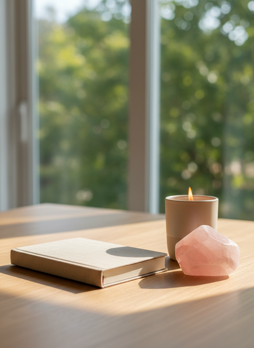 A neatly arranged workspace featuring a closed, linen-covered journal in soft sand color, a smooth rose quartz crystal, and a lit beige soy candle with a gentle flame, all resting on a light oak wooden table. Behind them, a large, unfocused window reveals greenery washed in soft morning daylight. Natural light filters across the scene, creating calm highlights on the crystal’s facets and warm shadows from the candle. Photographic realism, eye-level composition, with a shallow depth of field that keeps the foreground in sharp focus and the background softly blurred. The mood is serene, professional, and inviting, evoking clarity, reflection, and inner alignment, ideal for a mental training and energetics practice.