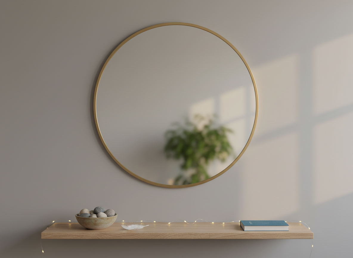 A tranquil corner dedicated to reflection, featuring a large, round mirror with a thin gold frame mounted on a smooth, dove-gray wall, reflecting a blurred hint of greenery. Below the mirror, a narrow wooden console holds a small ceramic bowl filled with polished stones, a single white feather, and a closed, slate-blue hardcover book. A string of tiny, warm LED fairy lights is draped subtly along the console’s edge. Soft evening light from the right mixes with the fairy lights, creating a gentle, ambient glow. Photographic realism with an eye-level, centered composition. The mood is introspective, elegant, and quietly energetic, evoking inner observation and subtle energetic shifts.