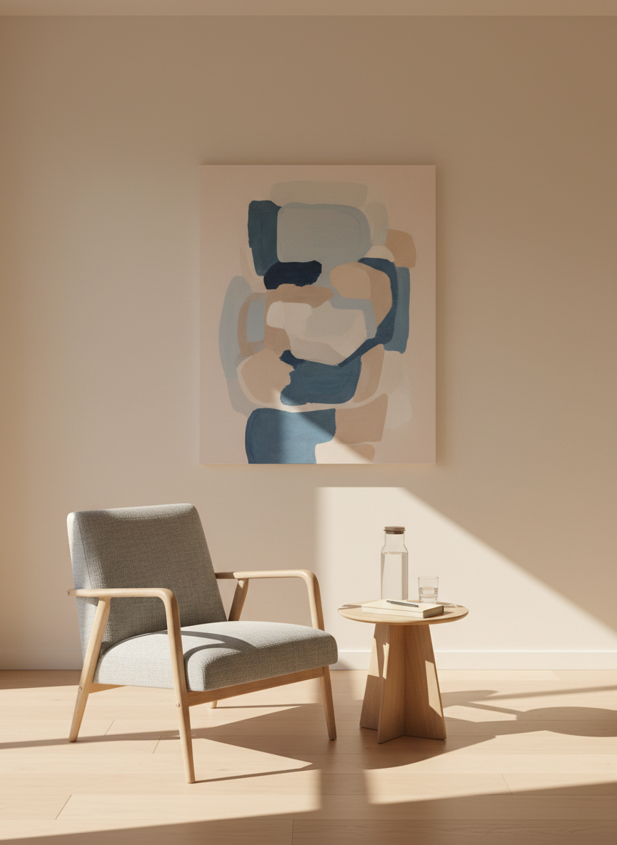 A minimalist therapy and coaching room without people, featuring a low, light-gray fabric armchair facing a small round ash wood side table holding a glass carafe of water, a single tumbler, and a neatly stacked set of cream-colored notepads. The space is framed by a pale, warm-toned wall with a large abstract artwork in muted blues and beiges. Soft, diffused afternoon light enters from an unseen window, casting gentle, elongated shadows and a peaceful glow. Photographic realism with a slightly elevated angle and balanced composition, emphasizing spaciousness and calm. The atmosphere feels professional yet nurturing, suggesting a safe environment for mental clarity and energetic realignment.