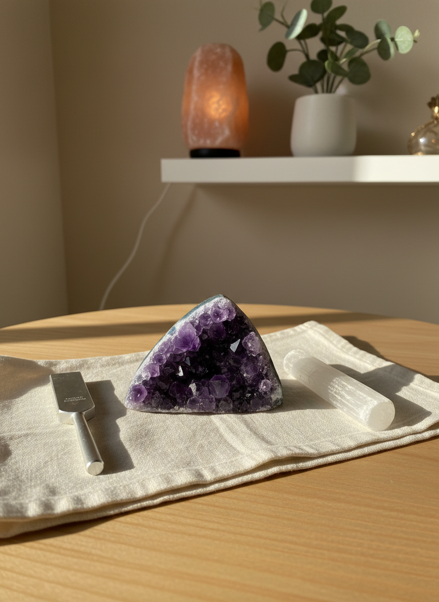 A polished amethyst cluster, a selenite wand, and a small tuning fork arranged with precision on a folded, off-white cotton cloth atop a smooth, pale wooden table. Behind them, a softly glowing salt lamp and a potted eucalyptus plant sit on a simple white shelf against a warm beige wall. Golden hour sunlight slants in from the left, creating luminous edges on the crystals and gentle, elongated shadows, enhancing their textures and colors. Photographic realism, captured from a slightly elevated, close-up angle with a shallow depth of field, making the crystals the clear focal point. The mood is grounded yet subtly mystical, conveying professional energetic work rather than esotericism.