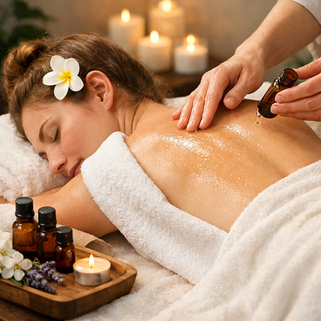 Woman receiving aromatherapy massage with essential oils and candles.